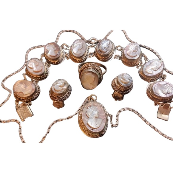 Victorian Antique Abalone Cameo SET 800 silver Bracelet ring necklace earrings - Picture 6 of 12